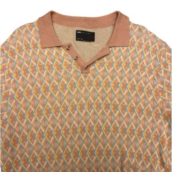 ASOS Men’s 70s Retro Knit Polo Light Brown Geometric Short Sleeve Shirt Size S - Picture 2 of 11